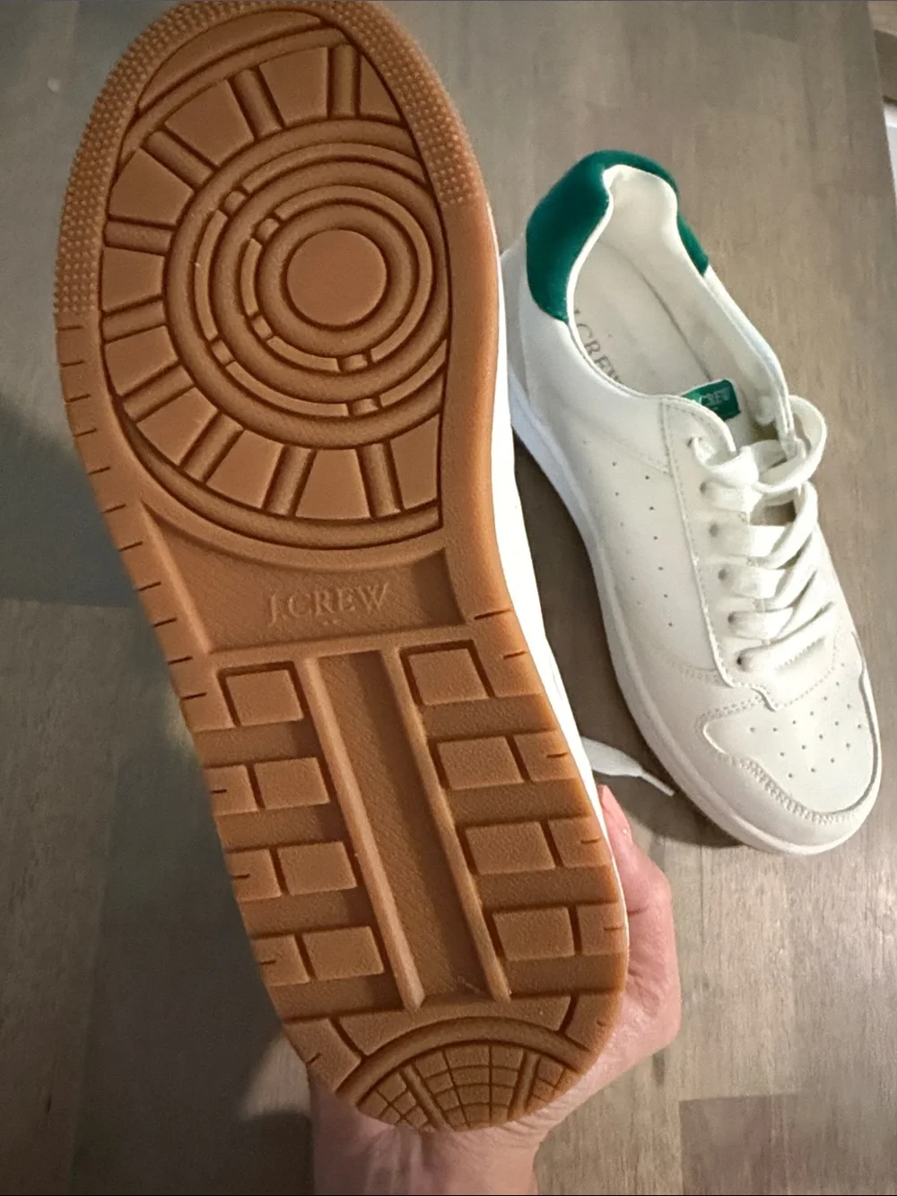 J. Crew White Leather Sneakers with Green Heel Accent